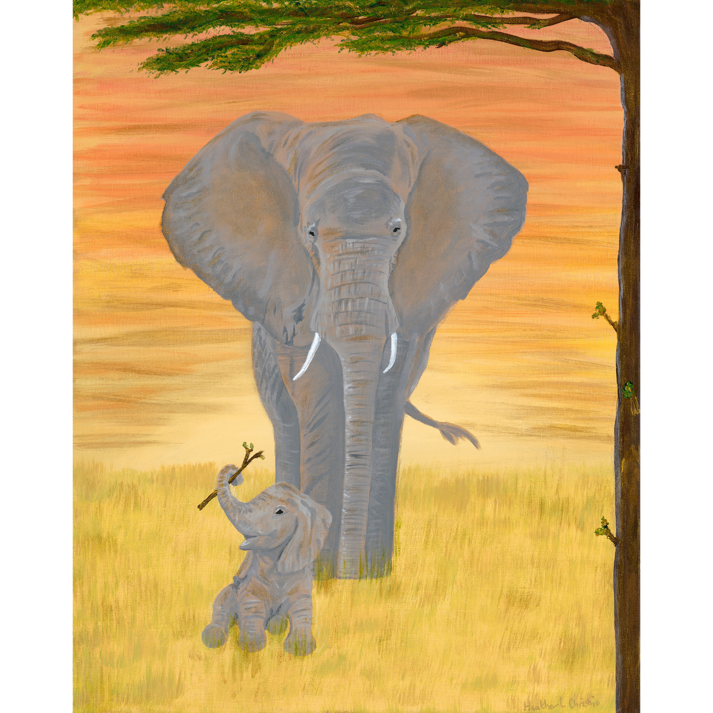 African Elephant Golden Sunset - Acrylic on Canvas Painting, Original Artwork - Mounted Prints
