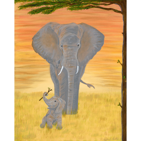 African Elephant Golden Sunset - Acrylic on Canvas Painting, Original Artwork - Mounted Prints