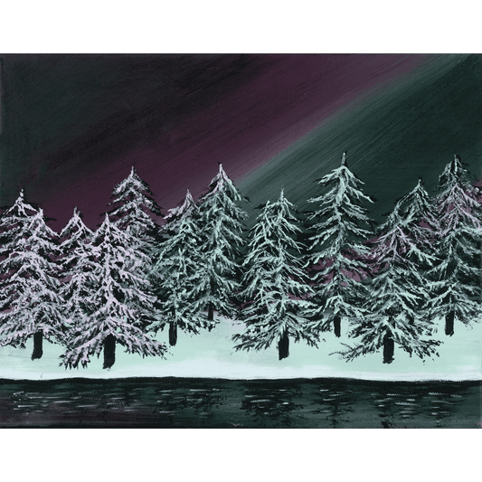 Northern Lights - Green Trees - Acrylic on Canvas Painting, Original Artwork - Mounted Prints