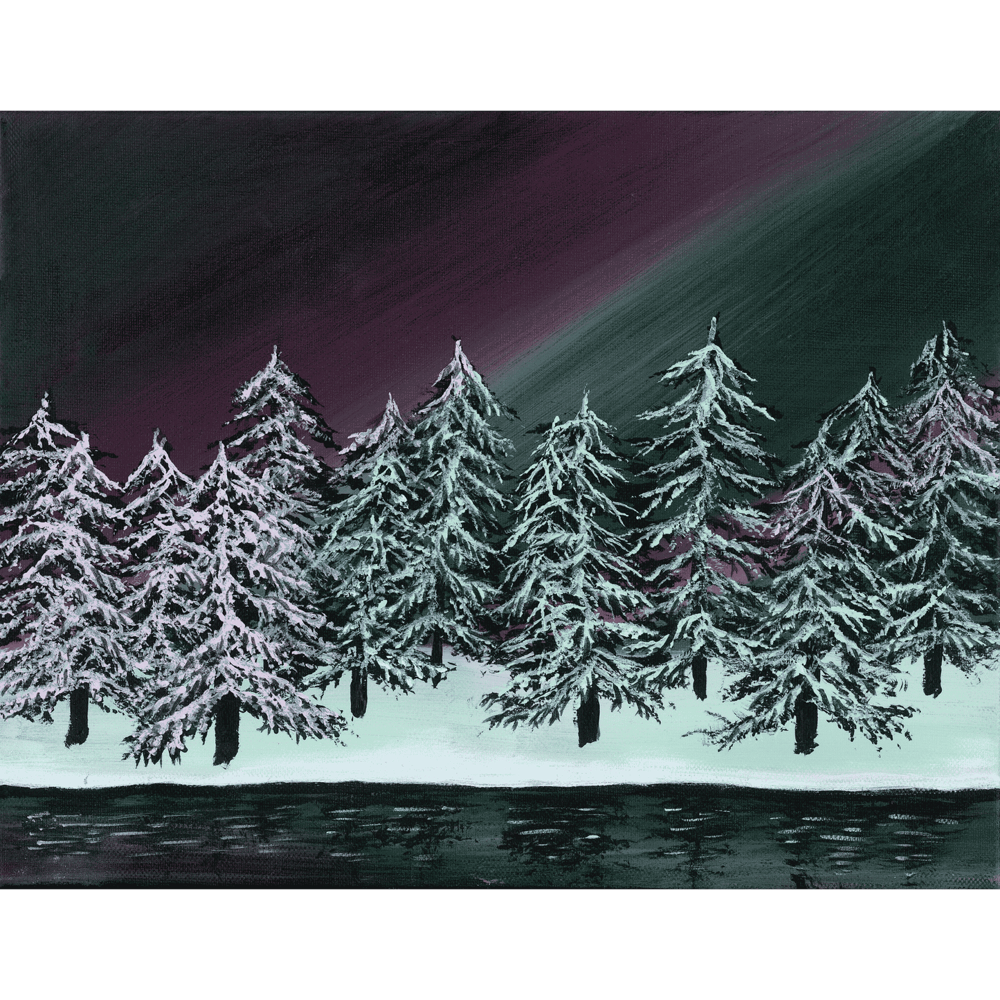 Northern Lights - Green Trees - Acrylic on Canvas Painting, Original Artwork - Mounted Prints