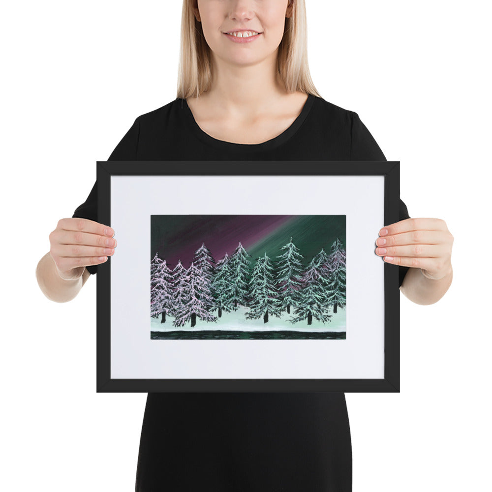 Northern Lights, Green Trees - A3/A4 Mounted Print