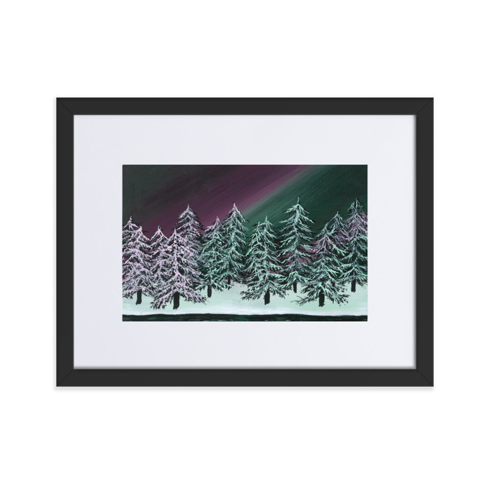 Northern Lights, Green Trees - A3/A4 Mounted Print