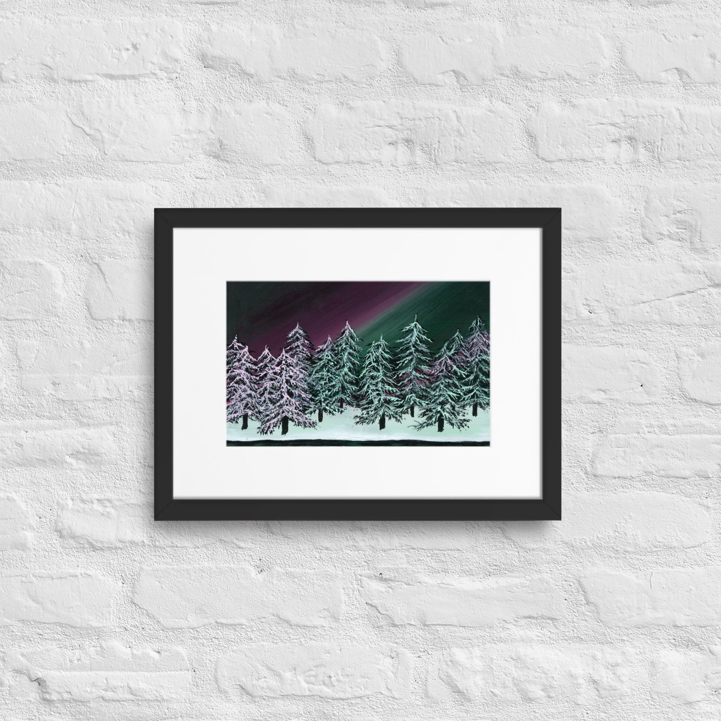 Northern Lights, Green Trees - A3/A4 Mounted Print