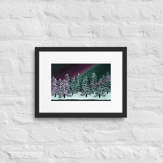 Northern Lights, Green Trees - A3/A4 Mounted Print